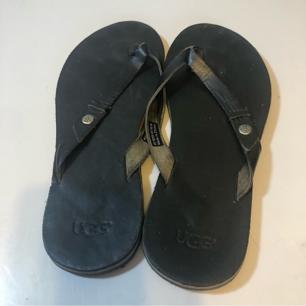 Ugg Uggs Flip Flops Black Leather Size 7